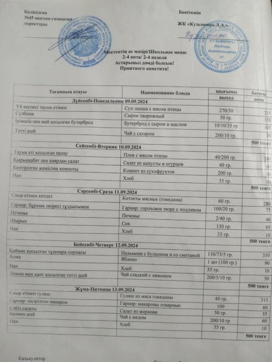 Апталық ас мәзірі