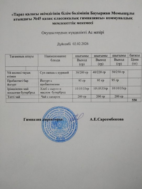 Апталық, күндік ас мәзірі