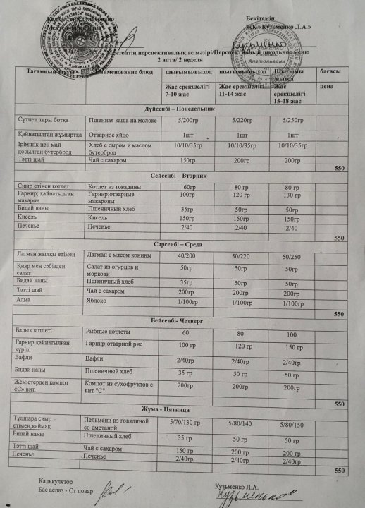 Апталық, күнделікті ас мәзірі
