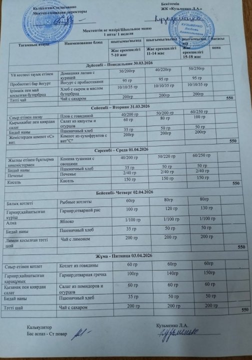 Апталық, күндік ас мәзірі