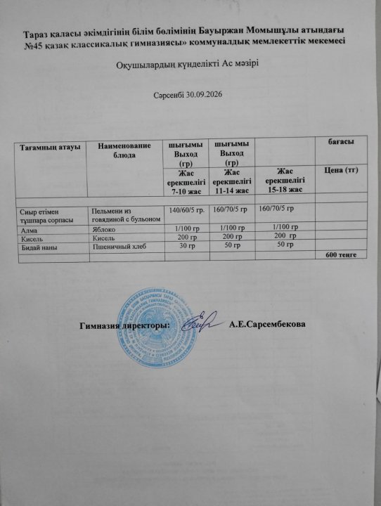 Апталық ас мәзірі